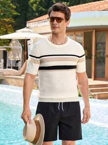 Manfinity Homme Men's Crew Neck Short Sleeve Solid Color Patchwork Casual Knit Top - White - View 3