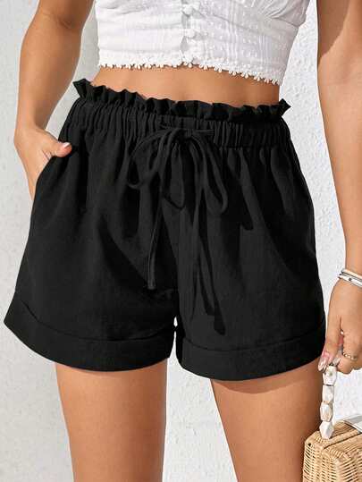 Glamine Women's Casual Solid Color Drawstring Waist Slant Pocket Shorts, Summer