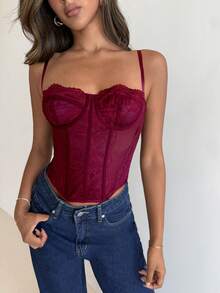Aloruh 女士时尚红色撞色蕾丝吊带束身衣，夏季 - 酒紅色 - 查看 6