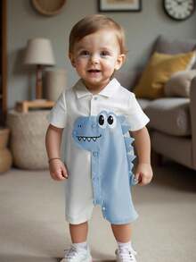 SHEIN Baby Boys & Girls Cartoon Dinosaur Pattern Turndown Collar Short Sleeve Romper Shorts Set, Casual Versatile - Multicolor - View 8