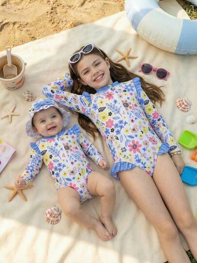 Baddräkt med lång ärm och mössa för babyflicka, blommigt tryck