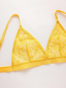 SHEIN 超薄蕾丝女士内衣套装，无钢圈，无衬垫 - 黃色 - 查看 5