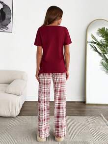 SHEIN Sweetheart Plaid Cotton PJ Set – Cozy Short Sleeve Lounge Essential - Red - View 2