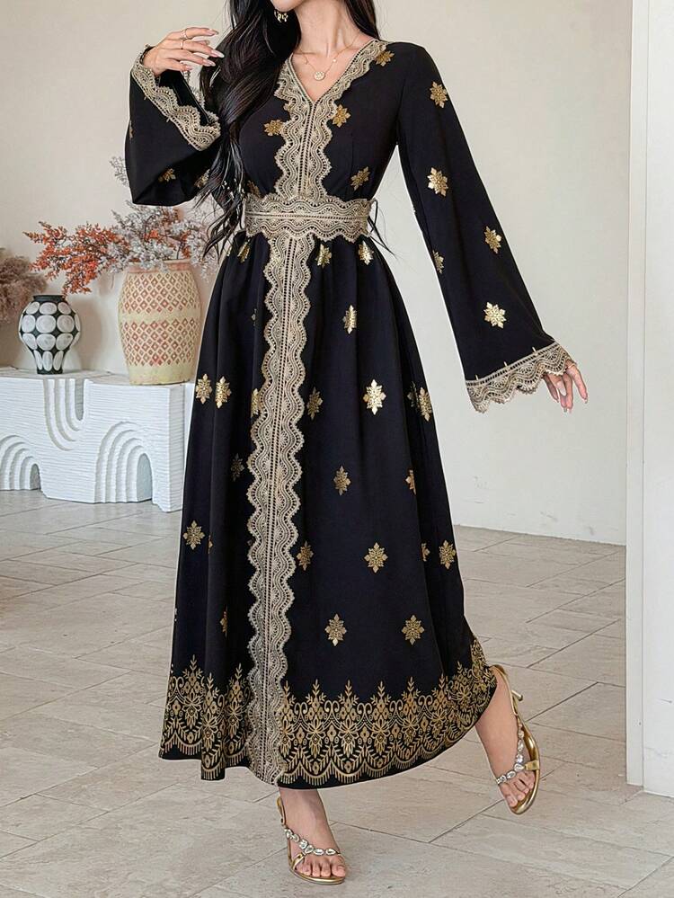 Women's V-Neck Lace Patchwork Waist Cinched Floral Print Maxi Elegant Vintage Dress Sundress