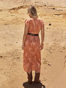 MOTF STUDIO WOMEN'S FLORAL PRINT RUFFLE SLEEVE BELTED MID-LENGTH DRESS