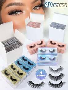 自然交叉浓密效果混合假睫毛，20/40款，精致日常款和漫画风，旅行必备，圣诞节和新年礼物套装，生日/约会/送给她的礼物，妻子、女友、母亲，派对必备，礼盒包装。 - 黑色 - 查看 5