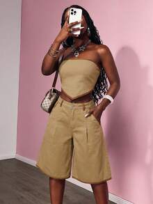 Slaydiva Quần short denim ống rộng phối màu tương phản, thích hợp mặc hàng ngày đi làm. - Màu Khaki - Xem 2