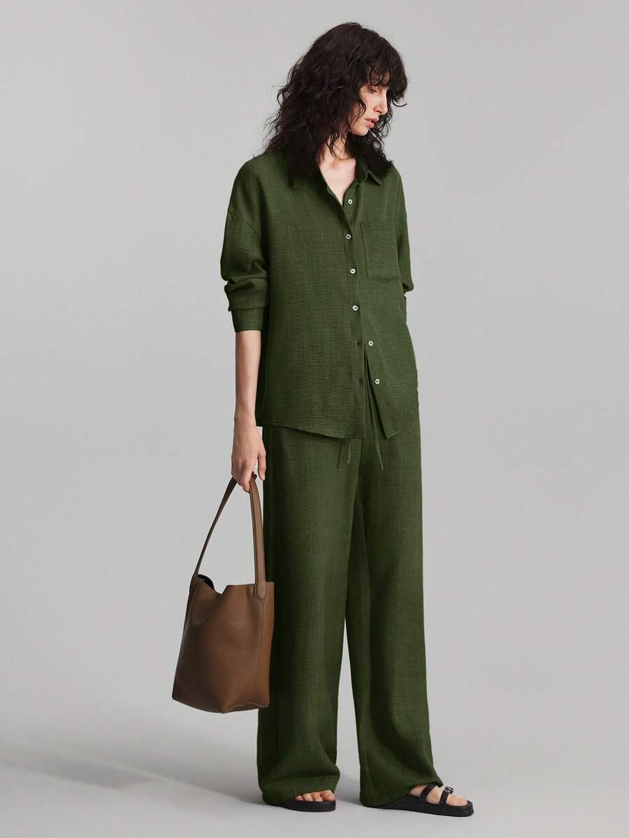 Ontre 两件套女士夏季套装，日常休闲家居服，海滩度假装，长裤+长袖衬衫套装，早午餐装，音乐节套装，优雅派对商务休闲装 - 軍綠色 - 查看 1
