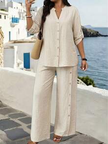 Linhara Bộ đồ 2 món cỡ lớn, kiểu dáng thường ngày, phối ren, thích hợp cho kỳ nghỉ, gồm áo và quần. - Màu Khaki - Xem 1