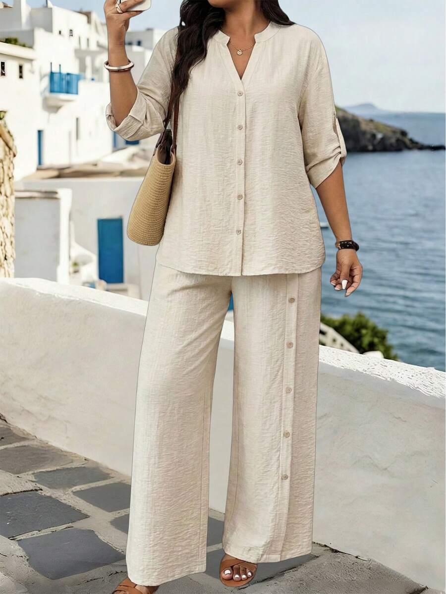 Linhara Bộ đồ 2 món cỡ lớn, kiểu dáng thường ngày, phối ren, thích hợp cho kỳ nghỉ, gồm áo và quần. - Màu Khaki - Xem 1