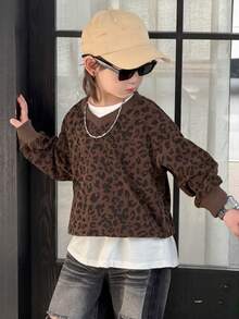 Dazy Kids Toddler Boys' Loose Fit Leopard Print Collar Sweatshirt, Casual Autumn - Brown - View 8