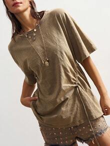 Bohemela 休闲纯色针织圆领短袖宽松抽绳女式T恤 - 灰色 - 查看 2