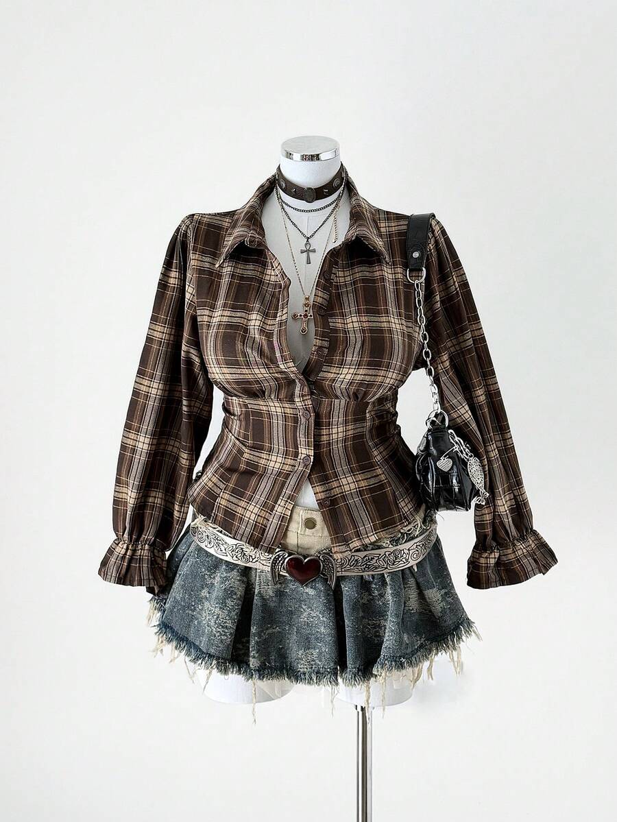 Sunspun 大码女士休闲格子衬衫，春秋季 - 彩色 - 查看 1