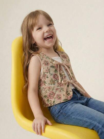 Maija Kids Maija Kids 年轻女孩前蝴蝶结装饰碎花提花休闲背心春夏款，可爱、优雅、甜美、复古、时尚。