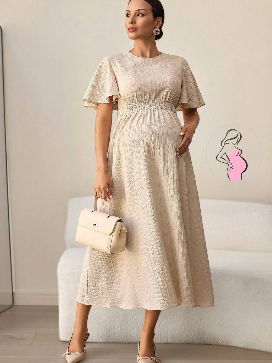 MaterniWear 孕妇纯色简约日常圆领短袖连衣裙 - 杏色 - 查看 1