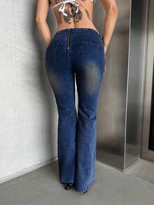 SHEIN ICON Quần jeans ống loe phong cách retro vintage dành cho nữ cỡ lớn, kiểu dáng đường phố sành điệu, màu xanh đậm. - Màu xanh hải quân - Xem 2