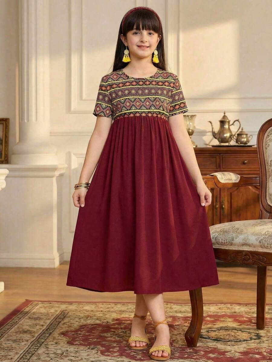 少女几何印花圆领短袖休闲连衣裙 - 紅色 - 查看 1