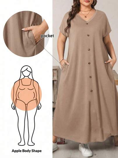 SHEIN Essnce 大码女装春夏时尚休闲宽松舒适日常短袖黑色V领口袋长裙，适合夏季穿着，也适合女士出席教会活动、展现优雅气质、教师着装以及机场出行。