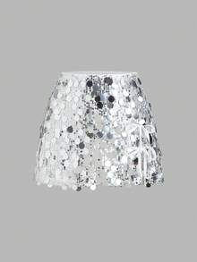 SHEIN PETITE Chân váy mini ôm sát dáng chữ A, cạp cao, lấp lánh, thắt nơ, thích hợp cho mọi mùa. - Bạc - Xem 1