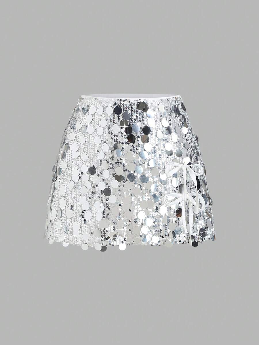 SHEIN PETITE Chân váy mini ôm sát dáng chữ A, cạp cao, lấp lánh, thắt nơ, thích hợp cho mọi mùa. - Bạc - Xem 1