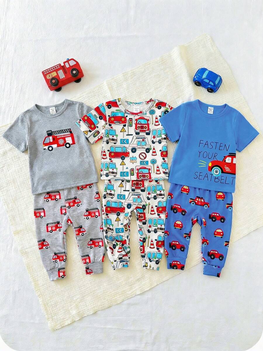 6pcs/Set Baby Boy Cute Cartoon Car Print Soft Knit Crew Neck Long Sleeve Pullover Top, Elastic Waist Leggings Casual Home Outfit, Suitable For Spring, Summer, Autumn, Winter