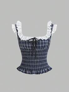 Sweetra French Sweet Lace Patchwork Square Collar Design Cuff Lace Playful Fashionable Elegant Collegiate Style Waist Cinching Slimming Minimalist Sexy Style Women Shirt - Blue and White - View 1