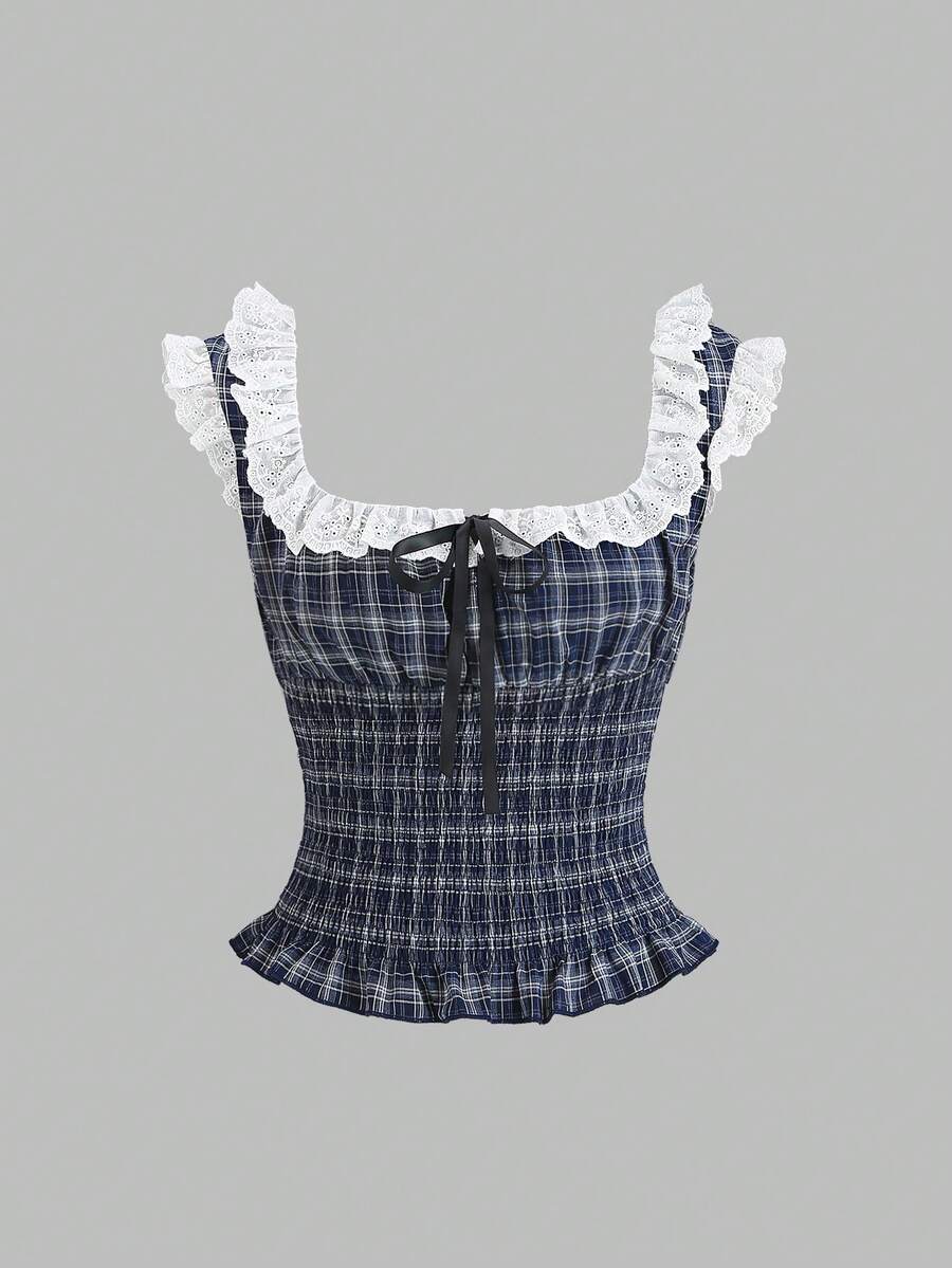 Sweetra French Sweet Lace Patchwork Square Collar Design Cuff Lace Playful Fashionable Elegant Collegiate Style Waist Cinching Slimming Minimalist Sexy Style Women Shirt - Blue and White - View 1