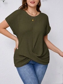 SHEIN Clasi 大码女式夏季休闲日常通勤度假简约纯色蝙蝠袖华夫格面料宽松T恤 - 軍綠色 - 查看 3