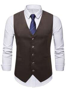 Manfinity Bizformal Men's Solid Color V-Neck Pocket Front Button Business Suit Vest - Brown - View 3