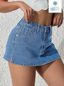 SHEIN PETITE Women's Casual Everyday Commute Versatile Denim Skirt Pants - Light Wash - View 6