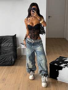 Coolane Women's Summer Festival Club Outfits Sexy Y2K Music Festival Lace Black Slim Fit Bodysuit