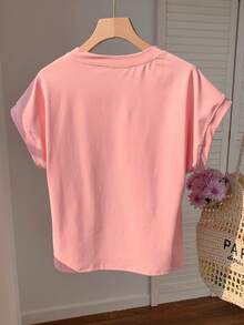 Comfortcana 女士纯色圆领短袖休闲百搭T恤 - 珊瑚粉 - 查看 2