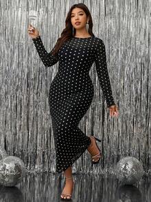 SHEIN Clasi 大码女士复古优雅波点印花长袖修身连衣裙，春秋季 - 黑與白 - 查看 3
