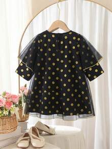 SHEIN Babygirl Elegant Luxurious Black Mesh Polka Dot Long Sleeve Dress With Long Coat Set