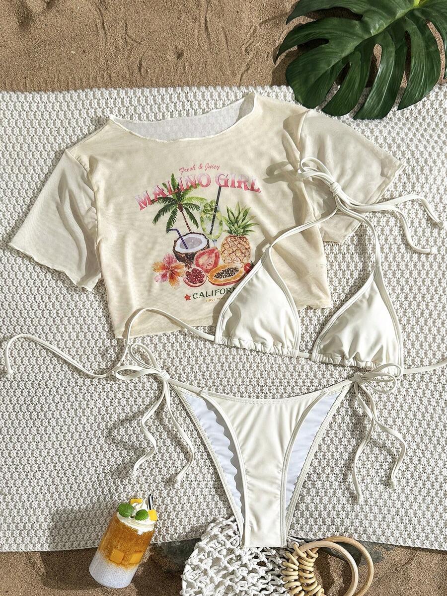 Swim Mod Bộ bikini 3 món in hình quả dứa dành cho nữ + áo khoác ngoài, trang phục đi biển/dự tiệc ngọt ngào và thời trang, mùa xuân/hè. - Màu be - Xem 1