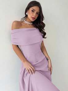 Firerie 女士优雅简约时尚浪漫性感连衣裙，露肩高腰A字伞裙，适合度假、通勤、约会，灰色连衣裙 - 紫丁香色 - 查看 2