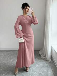 Rafferiza Women's Loose V-Neck Ruffle Hem Long Sleeve Robe, Turkish Robe, Arabic Robe Dress Modest Bell Sleeves Long Sleeve Elegant Dress Prayer Dress Women Clothing Elegant - Pink - View 6