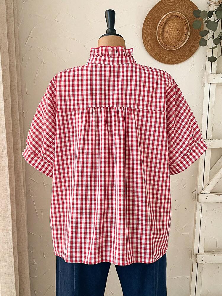 Plus Size Women's Summer Casual Vacation Country Frill Trim Red Plaid Loose Blouse Holiday,Spring Break,Vacation,Holiday,Going Out,2026 New,Simple And Fashionable For Everyday Wear,Casual Vacation Boho Top, Gingham Top, Checkered Top, Women Summer Shirt,Suitable For Summer, Vacation, Commute, Daily Wear, Going Out Tops