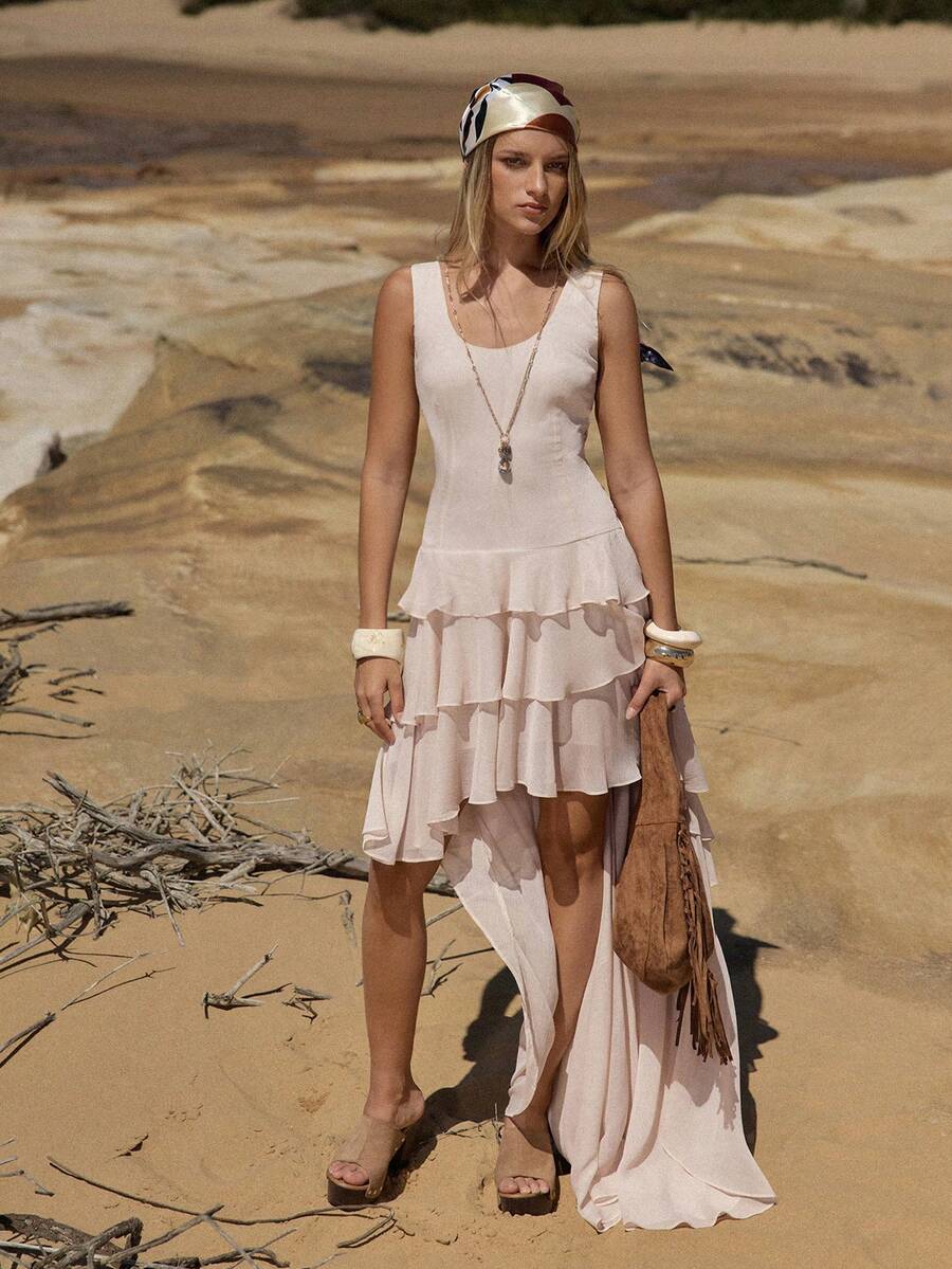 MOTF STUDIO VESTIDO SIN MANGAS CON VOLANTES ASIMÉTRICO, CORTO POR DELANTE Y LARGO POR DETRÁS, PRIMAVERA/VERANO - Albaricoque - Ver 1