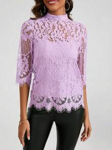 Amorya Women's Spring Stand Collar Lace Top - Lilac Purple - View 7