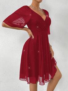 Rafferiza Mesh Embossed Ruffle Sleeve Waist Cinched Mini Dress - Burgundy - View 3