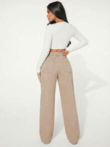 SHEIN SXY Women's Casual Everyday Commute Fashion Street Distressed Loose Straight Leg Jeans - Khaki - View 3