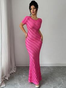 SHEIN Elenzya Đầm chữ A thanh lịch, lãng mạn, khoét lưng, ôm eo, chất liệu vải dệt kim, tay ngắn, cổ tròn. - Màu Hồng Tươi - Xem 3