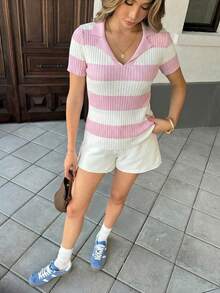 Pariaura Contrast Stripe Polo Collar Knit Top, French Street Style, Short Sleeve Summer Blouse - Pink - View 6