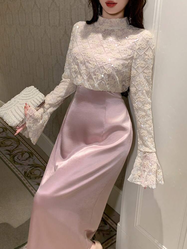 Spring/Summer Elegant Lace Patchwork Contrast Color Fitted Dress, Suitable For Wedding, Party, Formal Occasion Sundress