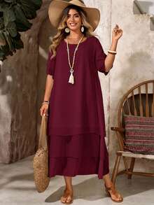 Vestido casual de talla, cuello redondo, sin botones, bajo asimétrico y fluido, estilo bohemio, adecuado para primavera y verano - Óxido marrón - Ver 8