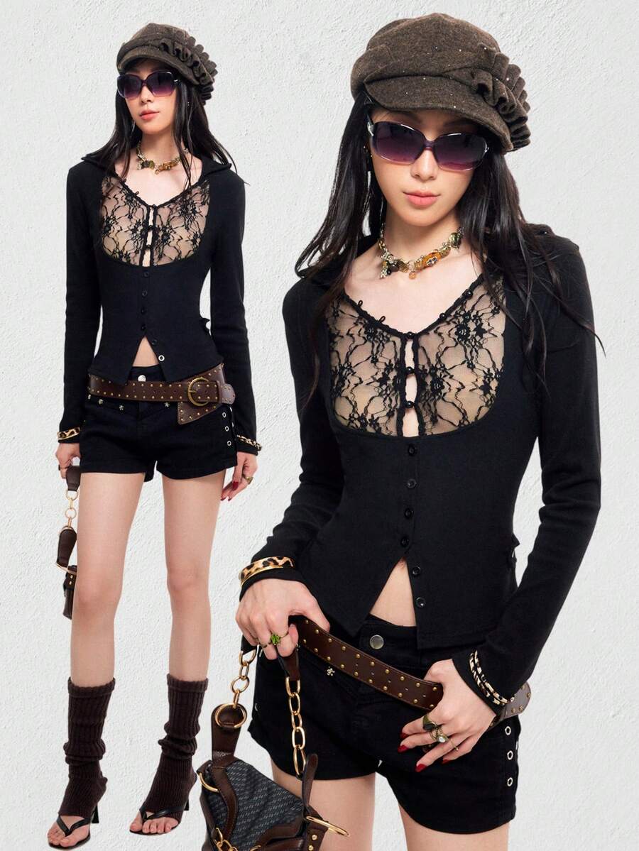 Bloopia Women's V-Neck Lace Patchwork Hollow Out Design Fashionable Chic Date Party Long Sleeve Top - Black - View 1
