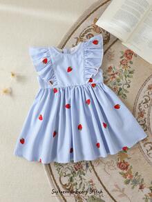Cozy Pixies Baby Girl Strawberry Print Round Neck Short Sleeve Waist Dress,Cute Light Blue And White Summer Toddler Girls Fruit Picnic Vacation Spring Dresses - Blue - View 8