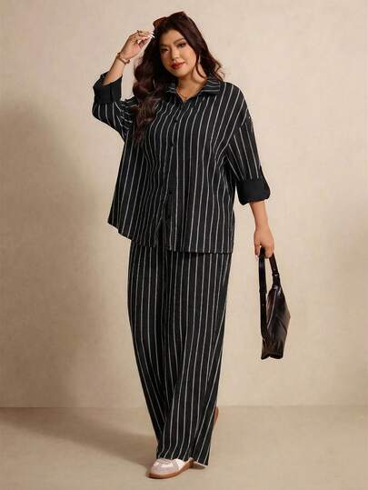 Elaquor Plus Size Casual Minimalist Striped 2 Pieces Set For Women, Loose Fit