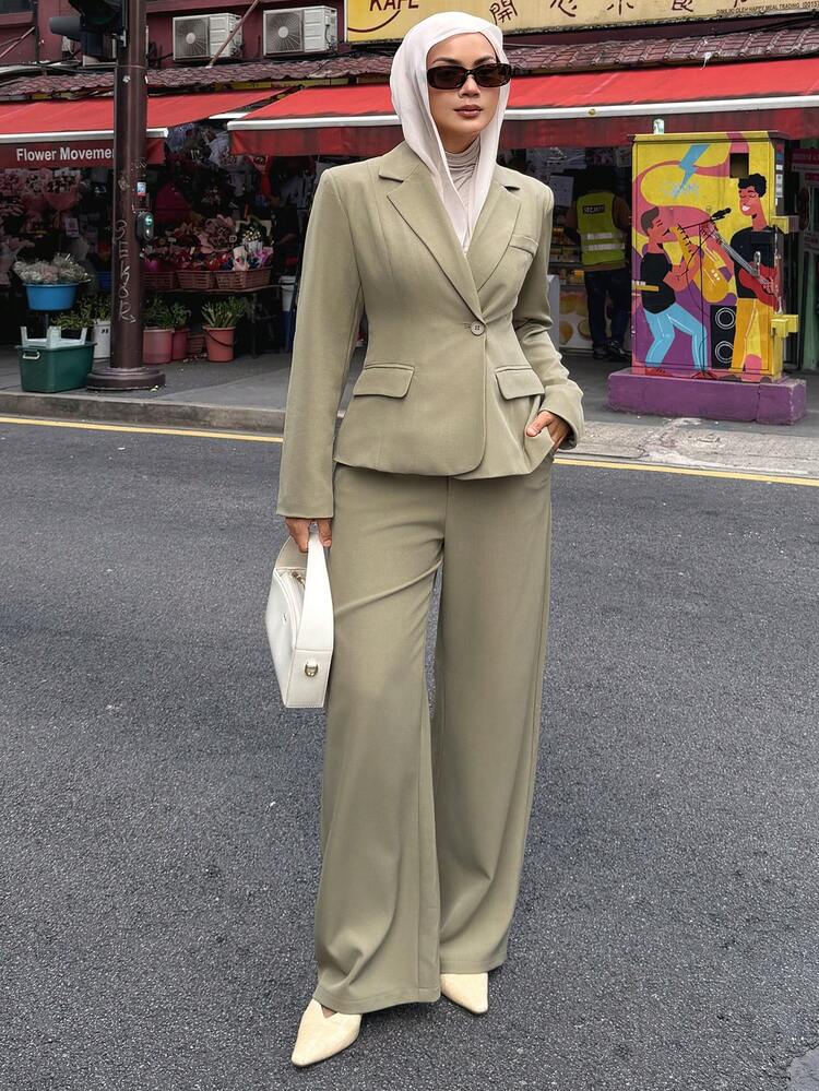 Women's Casual Solid Color Faux Pocket Blazer Jacket And Wide Leg Pants Suit Set, Spring